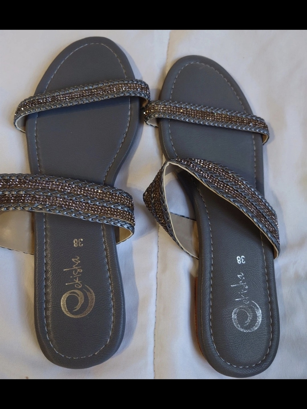 Stunning Double-Strap Gray Studs Summer Slide Sandals